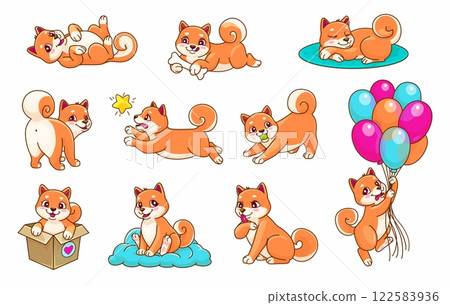 Cartoon Shiba Inu dog and puppy pet characters, vector cute kawaii personages. Japanese Shiba Inu puppy dogs happy playing with ball and balloons, catching star or sleeping on pillow and licking paw 122583936