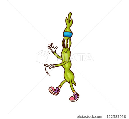 Groovy bean pod vegetable character on fitness or sport training, vector retro cartoon. Groovy green bean pod with funny face and happy smile in sport shoes on workout training or fitness exercise 122583938