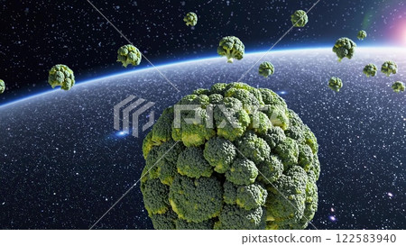 Broccoli Planet Orbiting in Space with Smaller Broccoli Asteroids 122583940