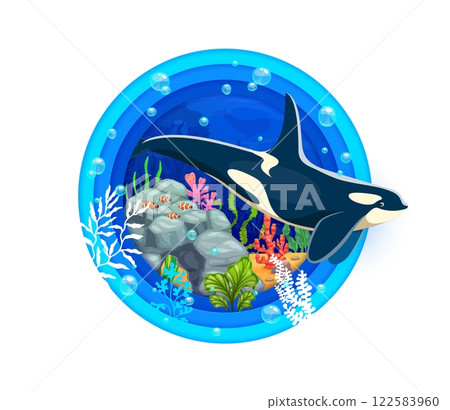 Paper cut underwater landscape with killer whale and ocean fishes, vector cartoon banner. Undersea background with paper cut sea water and orca killer whale with tropical clownfish fishes in seaweeds Paper cut underwater landscape with killer whale and ocean fishes, vector cartoon banner. Undersea background with paper cut sea water and orca killer whale with tropical clownfish fishes in seaweeds 122583960