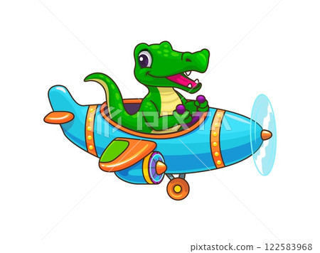 Cartoon crocodile pilot on plane, funny animal aviator in toy airplane, vector baby character. Crocodile pilot or little alligator flying in propeller airplane with happy smile for kids zoo animal Cartoon crocodile pilot on plane, funny animal aviator in toy airplane, vector baby character. Crocodile pilot or little alligator flying in propeller airplane with happy smile for kids zoo animal 122583968
