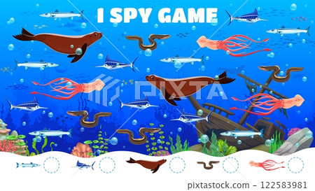 Kids i spy game worksheet with sea animals. Counting puzzle, object finding riddle or kids calculation quiz vector worksheet with seal, squid, eel, marlin swordfish and barracuda animals characters Kids i spy game worksheet with sea animals. Counting puzzle, object finding riddle or kids calculation quiz vector worksheet with seal, squid, eel, marlin swordfish and barracuda animals characters 122583981