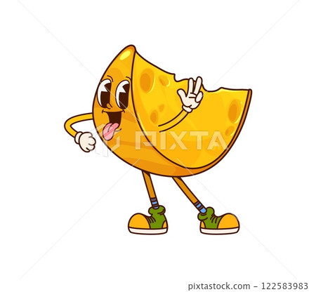 Groovy cartoon cheese character with funny face and silly smile, vector comic emoji. Groovy cheese lump piece with holes and yummy tongue out and hippie peace fingers gesture for cartoon character Groovy cartoon cheese character with funny face and silly smile, vector comic emoji. Groovy cheese lump piece with holes and yummy tongue out and hippie peace fingers gesture for cartoon character 122583983