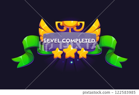 Level completed game badge with victory golden goblet cup and stars, vector GUI asset. Level up achievement badge with congratulations and cartoon golden wings on green ribbon for game pop up asset Level completed game badge with victory golden goblet cup and stars, vector GUI asset. Level up achievement badge with congratulations and cartoon golden wings on green ribbon for game pop up asset 122583985