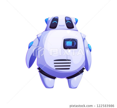 Cartoon futuristic robot mascot character with rounded body, white glossy surface, glowing elements and digital screen on its chest. Isolated vector friendly and approachable AI robotics technology Cartoon futuristic robot mascot character with rounded body, white glossy surface, glowing elements and digital screen on its chest. Isolated vector friendly and approachable AI robotics technology 122583986