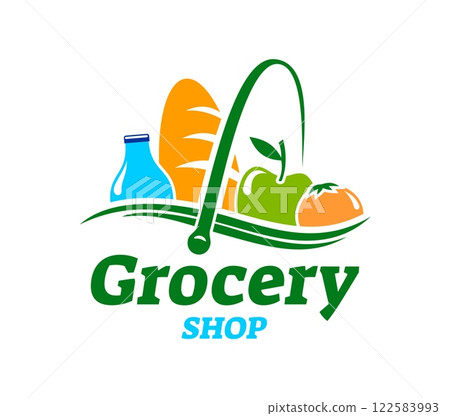 Grocery shop icon for food store and supermarket with products in shopping basket, vector emblem. Grocery store icon with silhouette of shop basket with bread loaf, milk bottle and apple or tomato 122583993