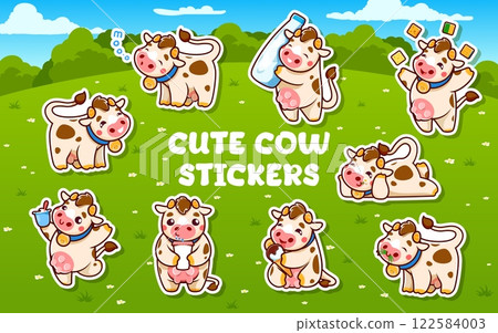 Cartoon cute cow characters stickers pack of dairy farm animals with milk products on green grass field vector background. Happy cow characters with milk bottle, cheese, ice cream and cream cup 122584003
