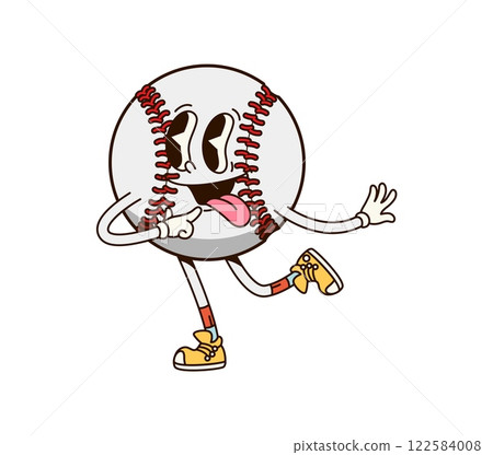 Groovy baseball ball sport character exuding retro quirky vibe with sticking tongue. Cartoon vector sports ball personage wearing vintage sneakers exudes positive, playful, sporty vibe on the field 122584008