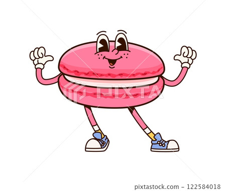 Groovy macaroon dessert character. Isolated cartoon vector sweet confectionery personage pointing on itself with thumbs. Cute French pastry or bakery, confident patisserie product for kids cafe menu Groovy macaroon dessert character. Isolated cartoon vector sweet confectionery personage pointing on itself with thumbs. Cute French pastry or bakery, confident patisserie product for kids cafe menu 122584018