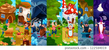 Cartoon fairytale gnome, elf and dwarf characters collage. Vector funny miner, gardener and carpenter gnomes, fairy blacksmith, magician and farmer elves characters at magic forest, town and mine Cartoon fairytale gnome, elf and dwarf characters collage. Vector funny miner, gardener and carpenter gnomes, fairy blacksmith, magician and farmer elves characters at magic forest, town and mine 122584019