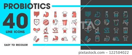 Probiotic line icons. Vector intestine bacterias, healthy gut flora and stomach, prebiotic yogurt, lactobacillus, bowel, pills, microflora and microscope outline symbols of medicine and microbiology Probiotic line icons. Vector intestine bacterias, healthy gut flora and stomach, prebiotic yogurt, lactobacillus, bowel, pills, microflora and microscope outline symbols of medicine and microbiology 122584022