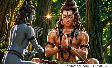 Spiritual energy emanating from meditating deity in a sacred forest 122584023