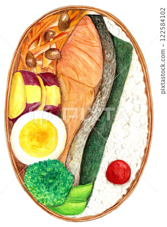 手繪水彩畫,畫的是看起來很美味的鮭魚便當 手繪水彩畫,畫的是看起來很美味的鮭魚便當 122584102