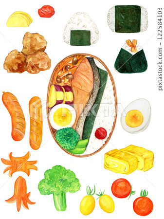 Hand-drawn watercolor illustration set of delicious looking bento lunches Hand-drawn watercolor illustration set of delicious looking bento lunches 122584103