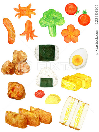 Hand-drawn watercolor illustration set of delicious bento ingredients 122584105