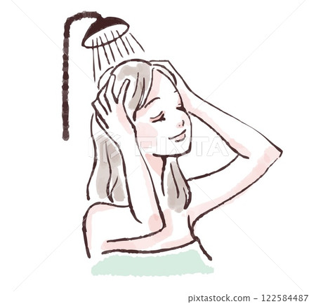 Illustration material of a woman washing her hair, taking a bath, taking a shower, shampooing 122584487