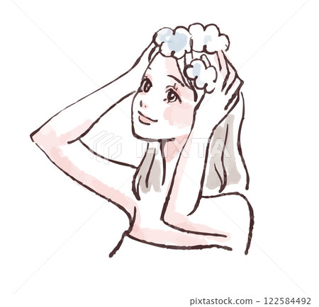 Illustration material of a woman washing her hair, taking a bath, taking a shower, shampooing 122584492
