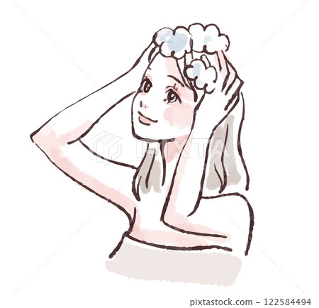 一位女士洗頭、洗澡、淋浴、洗頭的插圖素材 122584494