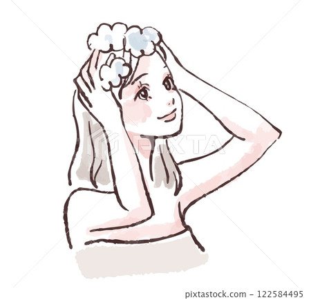 一位女士洗頭、洗澡、淋浴、洗頭的插圖素材 122584495