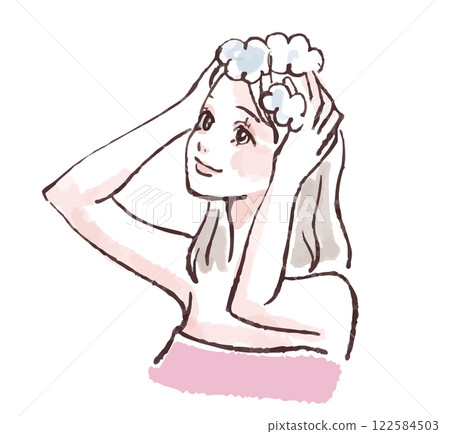 Illustration material of a woman washing her hair, taking a bath, taking a shower, shampooing Illustration material of a woman washing her hair, taking a bath, taking a shower, shampooing 122584503