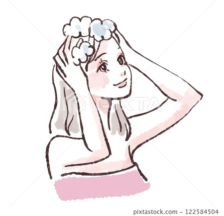 一位女士洗頭、洗澡、淋浴、洗頭的插圖素材 122584504