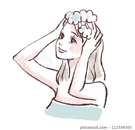 一位女士洗頭、洗澡、淋浴、洗頭的插圖素材 122584505