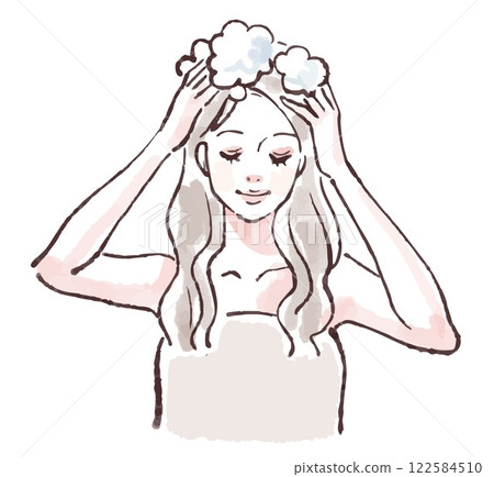 Illustration material of a woman washing her hair, taking a bath, taking a shower, shampooing Illustration material of a woman washing her hair, taking a bath, taking a shower, shampooing 122584510
