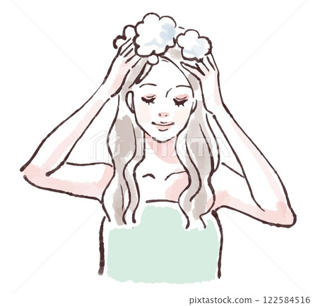 Illustration material of a woman washing her hair, taking a bath, taking a shower, shampooing Illustration material of a woman washing her hair, taking a bath, taking a shower, shampooing 122584516