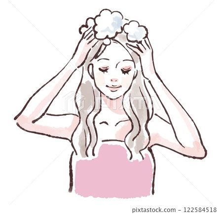 Illustration material of a woman washing her hair, taking a bath, taking a shower, shampooing 122584518