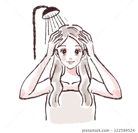一位女士洗頭、洗澡、淋浴、洗頭的插圖素材 122584524