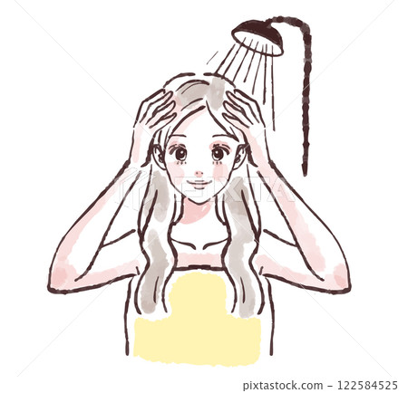 一位女士洗頭、洗澡、淋浴、洗頭的插圖素材 122584525