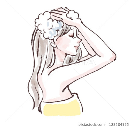 Illustration material of a woman washing her hair, taking a bath, taking a shower, shampooing Illustration material of a woman washing her hair, taking a bath, taking a shower, shampooing 122584555