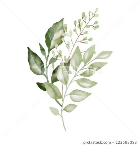 Hand-drawn watercolor illustration of elegant decorative branches with lush, pointed leaves. Perfect for wedding invitations, botanical prints, minimalist home decor, romantic greeting cards. 122585058