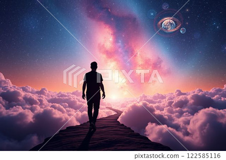 一名男子穿越充滿活力的宇宙星系的輪廓 122585116