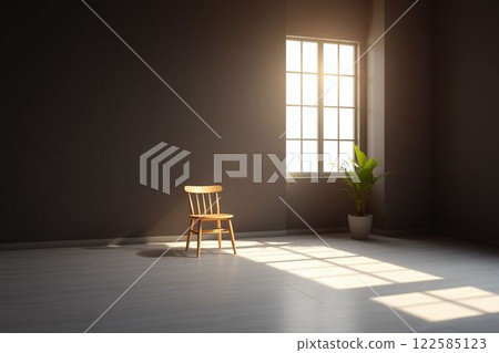 A minimalist space with chairs and potted plants, bathed in sunlight. 122585123