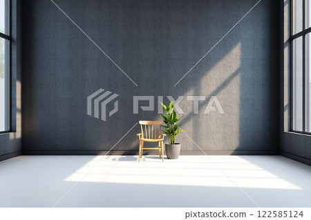 一個極簡主義的空間，有椅子和盆栽，沐浴在陽光下。 122585124