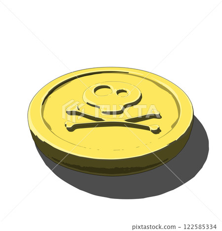 Gold Coin Featuring Encircled Skull and Crossbones Emblem on White Background Gold Coin Featuring Encircled Skull and Crossbones Emblem on White Background 122585334