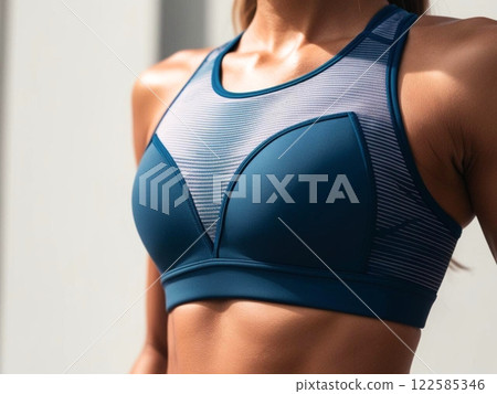 A tanned woman's chest wearing a sports bra 122585346