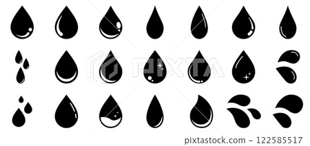 Droplet, water drop, liquid, simple icon, black silhouette, set 122585517