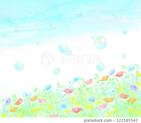 A bright and cheerful spring landscape with soap bubbles rising from a colorful flower field. A watercolor illustration with a refreshing blue sky. 122585542