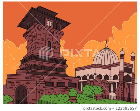 Menara Kudus Central Java Indonesia ancient historical architecture minaret tower building Islamic traditional monument Indonesian heritage tourism destination design set 122585657