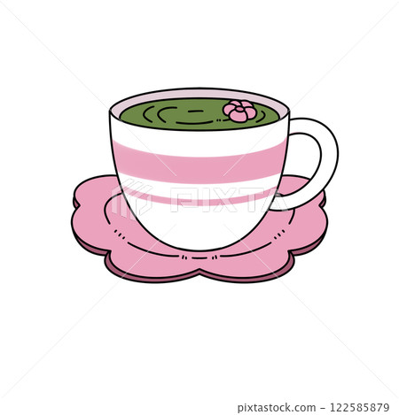 A cartoon cup with a flower on it sits on a pink napkin A cartoon cup with a flower on it sits on a pink napkin 122585879