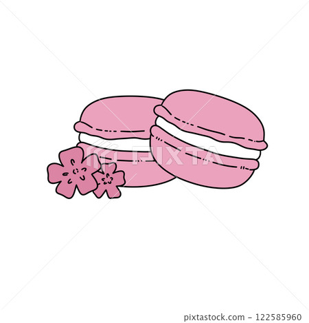 Two pink macarons with white filling and a pink flower on top Two pink macarons with white filling and a pink flower on top 122585960
