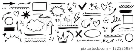 Line hand drawn marker arrow, heart, text highlight brush shape element set. Hand drawn sketch marker underline shape, arrow, star scribble brush pen stroke element. Vector 122585984