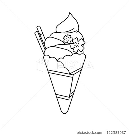A white ice cream cone with a chocolate topping and a straw 122585987