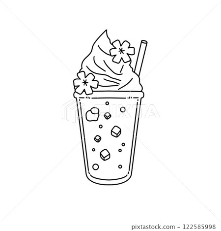 A cup of ice cream with a straw and flower decorations A cup of ice cream with a straw and flower decorations 122585998