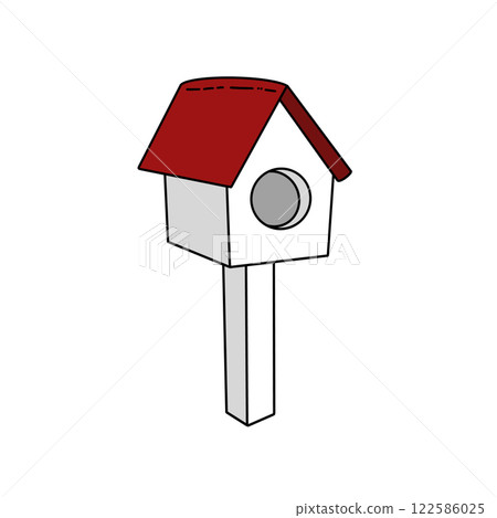 A white birdhouse with a red roof 122586025