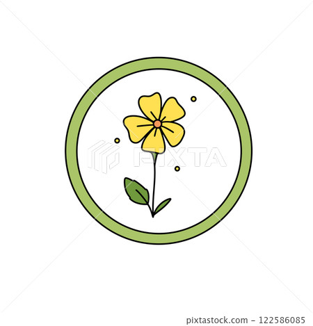 A yellow flower with green leaves is drawn in a circle 122586085