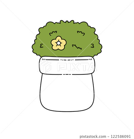 A cartoon drawing of a plant in a pot with a yellow flower on top 122586091
