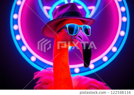 帶有太陽眼鏡和帽子的霓虹火烈鳥 帶有太陽眼鏡和帽子的霓虹火烈鳥 122586116